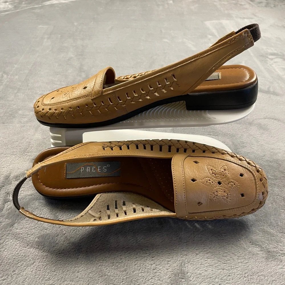 Paces Jen Women's 10W Tan Leather Woven Slingback Loafers Floral Perforated Boho